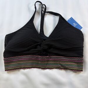 NWT Cupshe Bikini top XL Black Rainbow Trim High Waist Textured Bathing Suit New